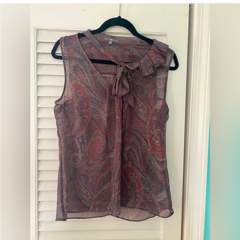VTG Gap Y2K Blouse Sheer Sleeveless Bow Tie Red Purple Maroon Floral Boho M